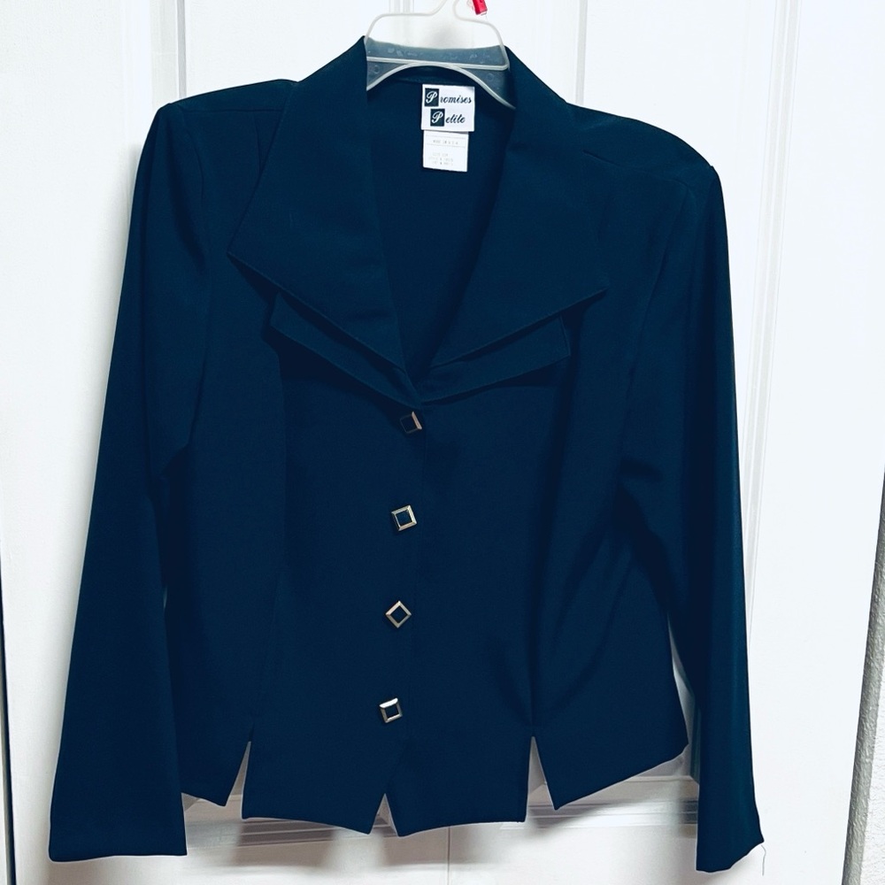 Vintage Promise Navy Tailored Blazer with Square Metallic Buttons Petite 12P